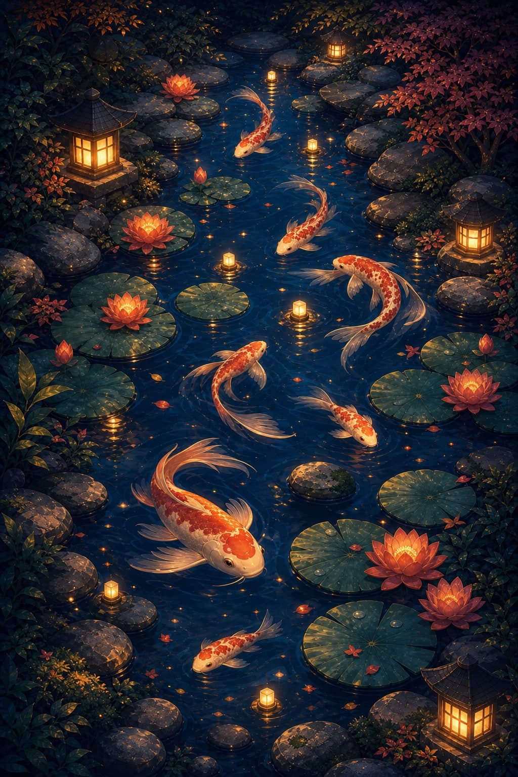 Warm ember-colored koi swimming through a dark lantern-lit pond with lotus flowers and lily pads.