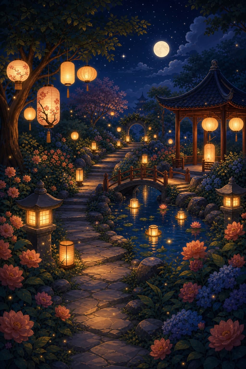 A moonlit garden of winding paths, flowers, glowing lanterns, a bridge, and a quiet pond.